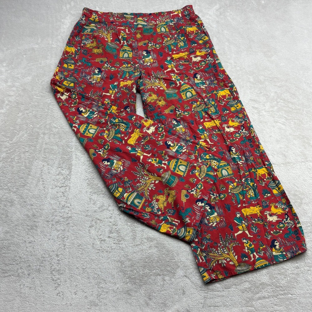 Earthbound Trading Co Wide Leg Pants Women L Red Indian Folk Art Boho Festival